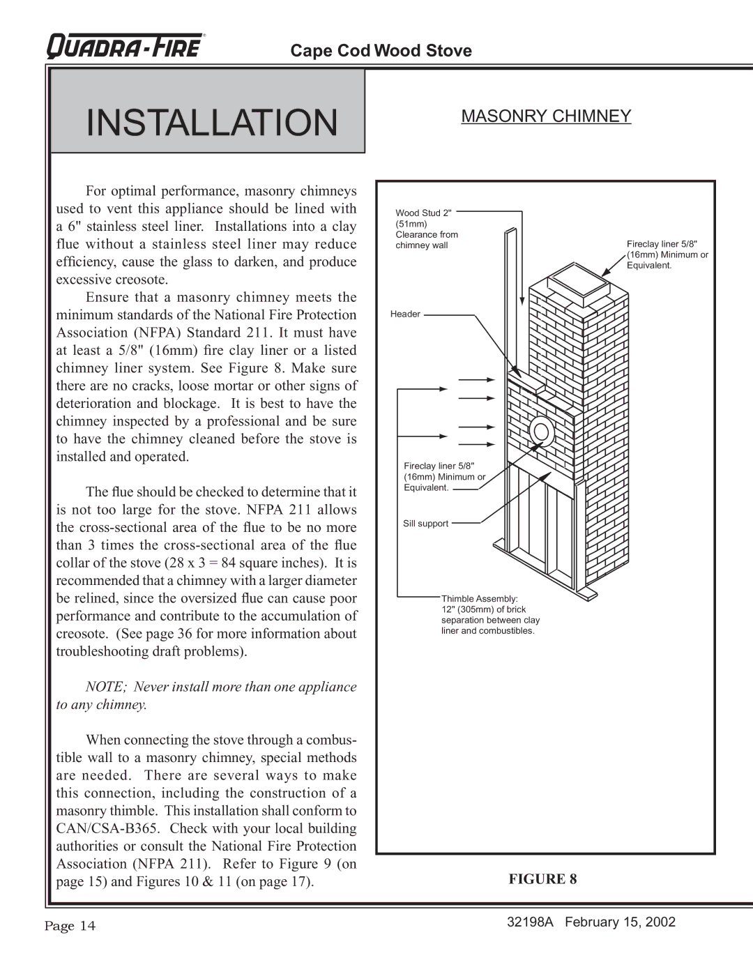 Quadra-Fire 32198A installation instructions Masonry Chimney 