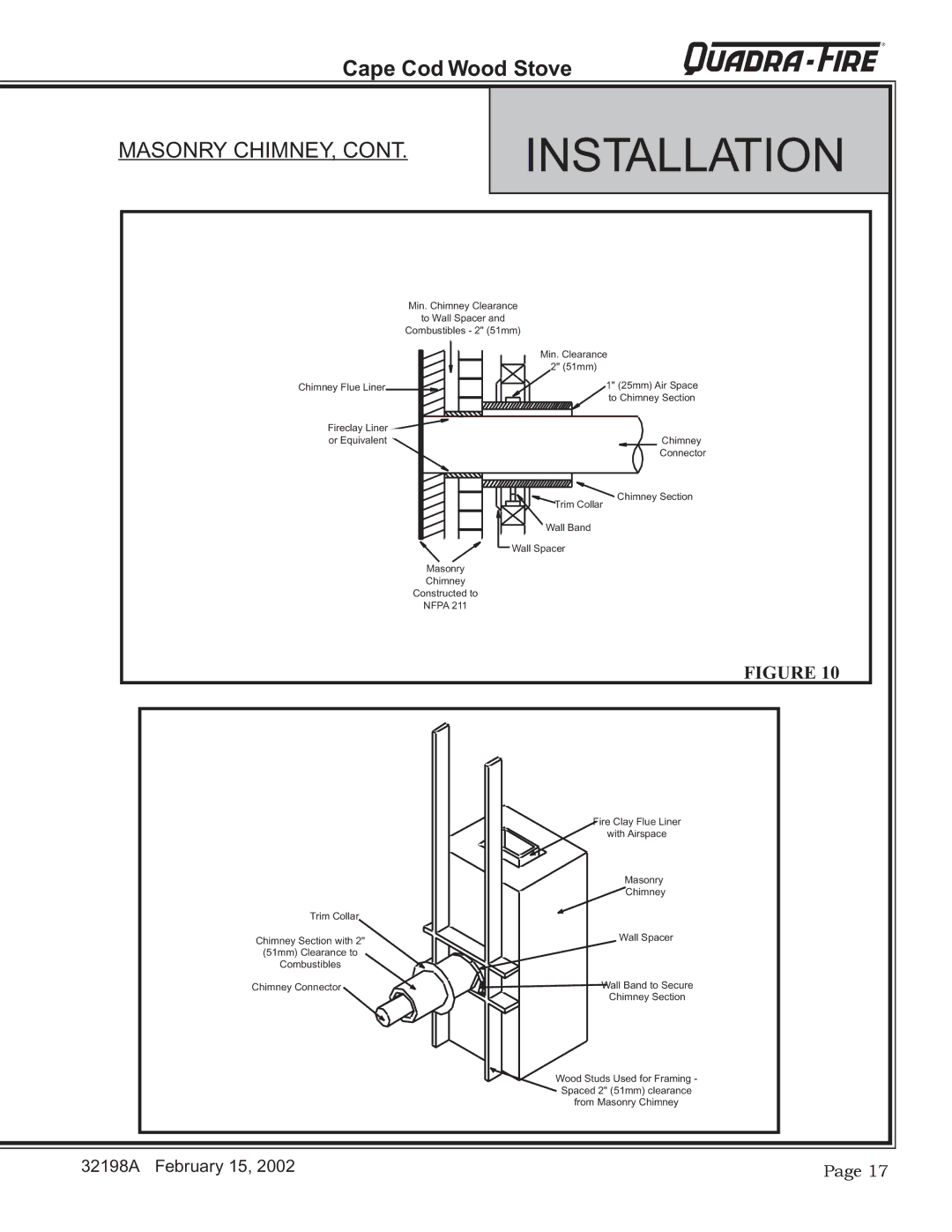 Quadra-Fire 32198A installation instructions Masonry CHIMNEY, Chimney Connector 