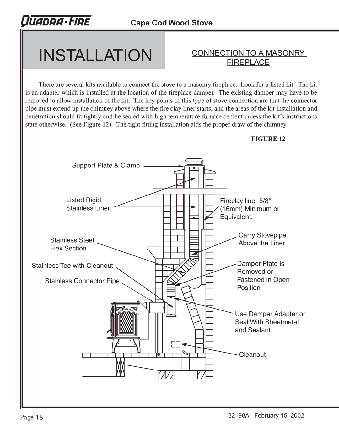 Quadra-Fire 32198A installation instructions Connection to a Masonry Fireplace 