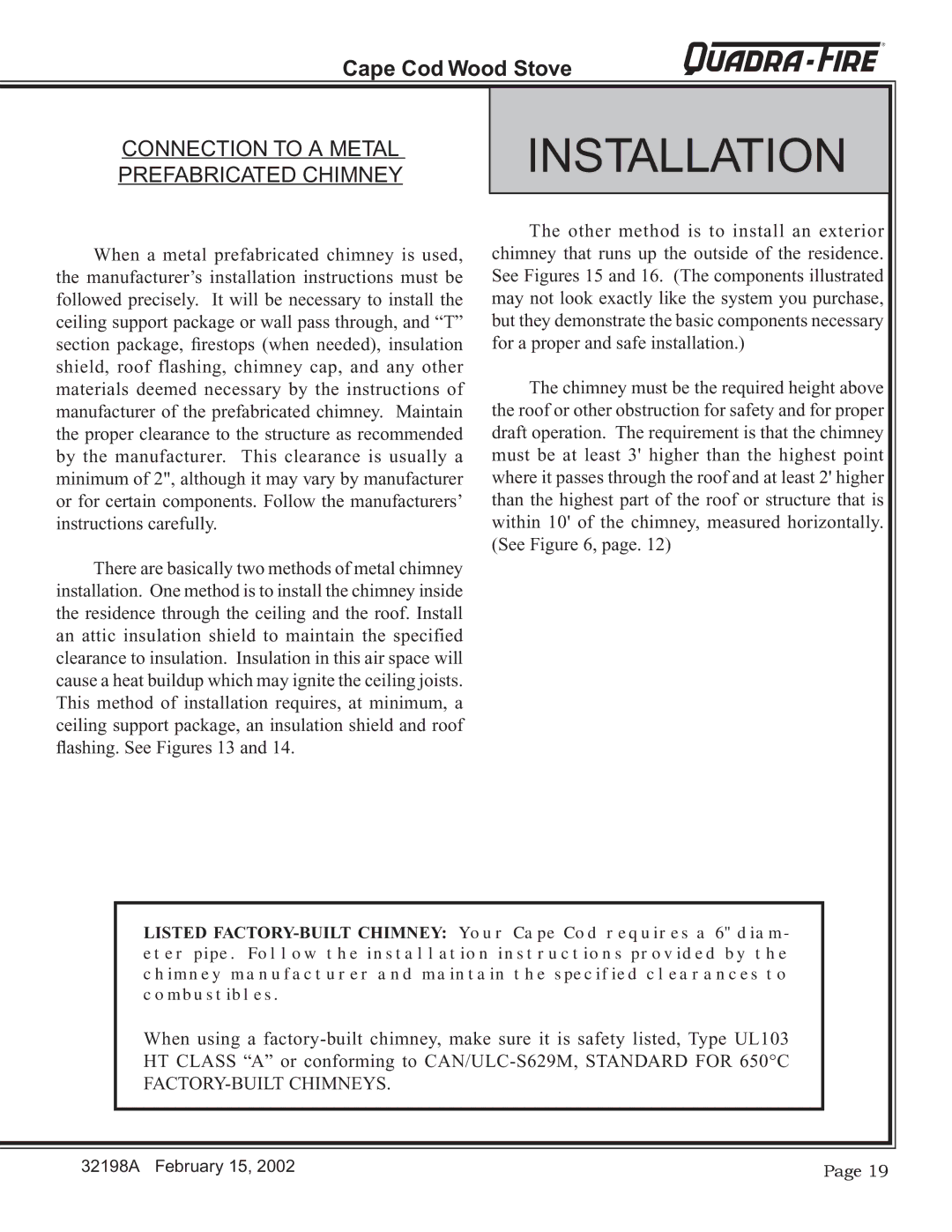 Quadra-Fire 32198A installation instructions Connection to a Metal Prefabricated Chimney 