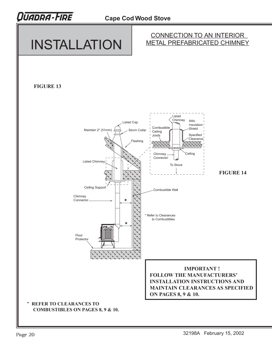 Quadra-Fire 32198A installation instructions Connection to AN Interior Metal Prefabricated Chimney 