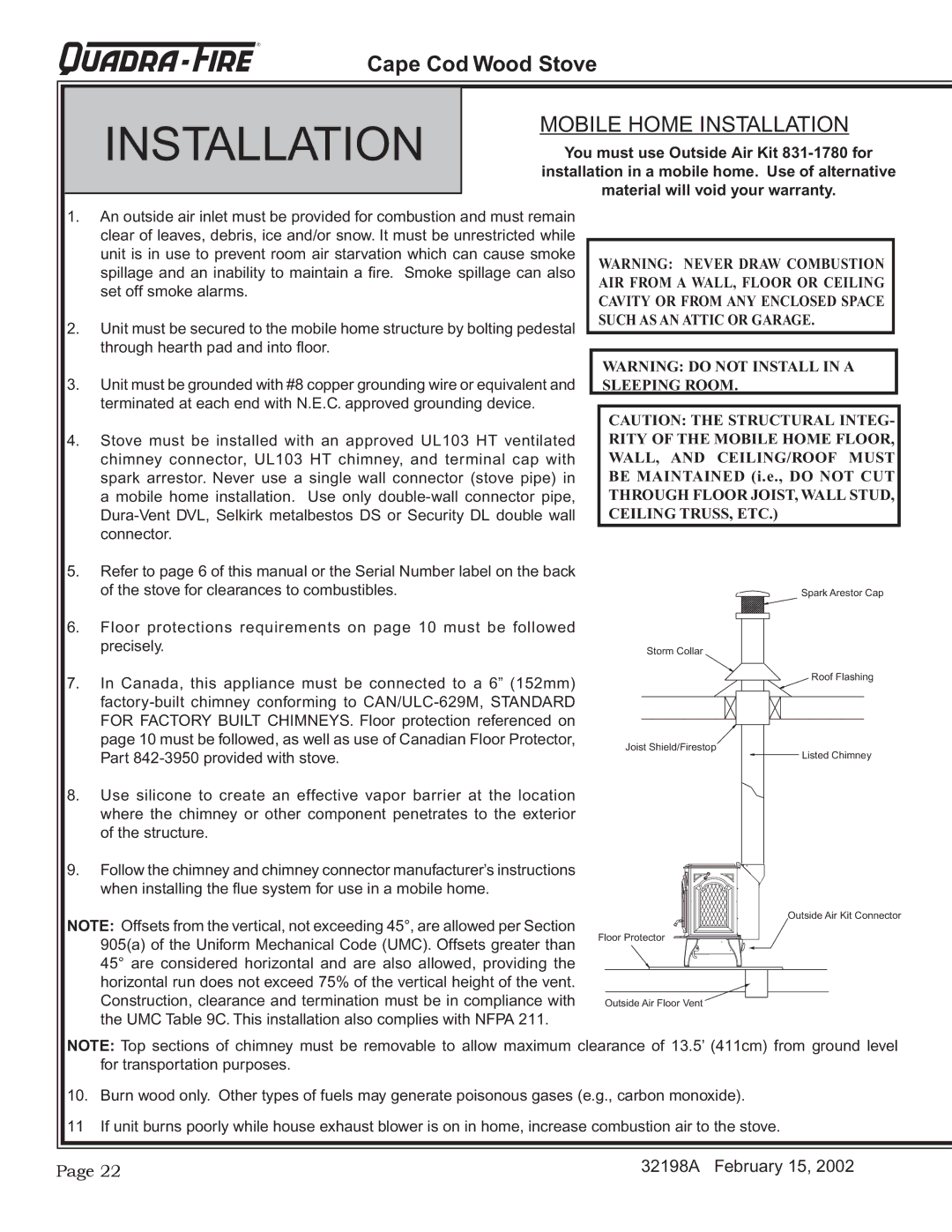 Quadra-Fire 32198A installation instructions Mobile Home Installation 