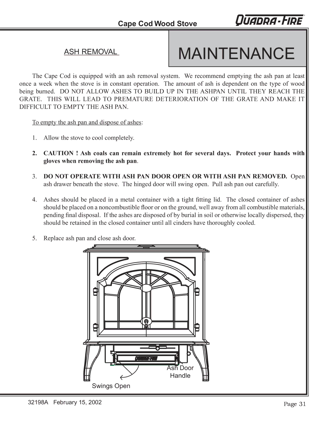 Quadra-Fire 32198A installation instructions Maintenance, ASH Removal 