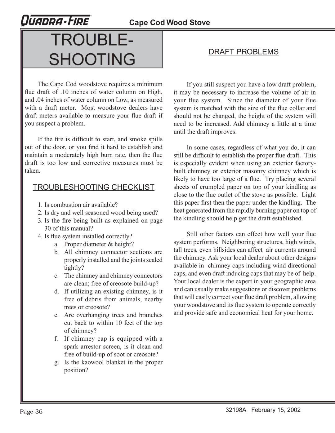 Quadra-Fire 32198A installation instructions TROUBLE- Shooting, Draft Problems, Troubleshooting Checklist 