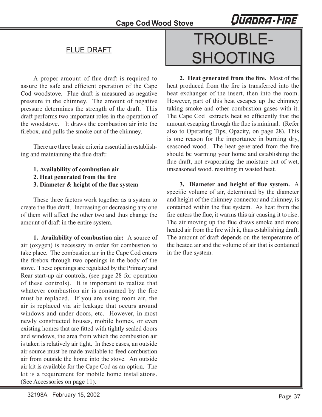 Quadra-Fire 32198A installation instructions Trouble Shooting, Flue Draft 