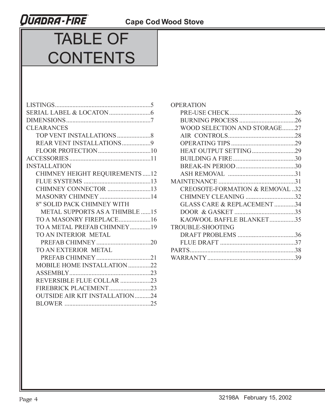 Quadra-Fire 32198A installation instructions Contents 