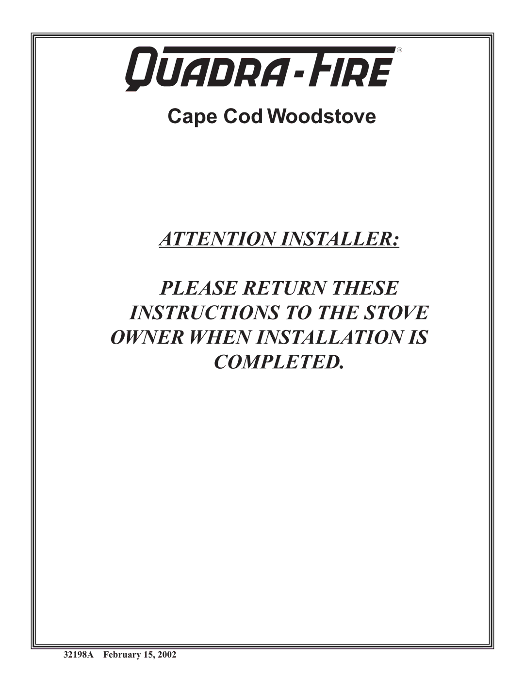 Quadra-Fire 32198A installation instructions Cape Cod Woodstove 