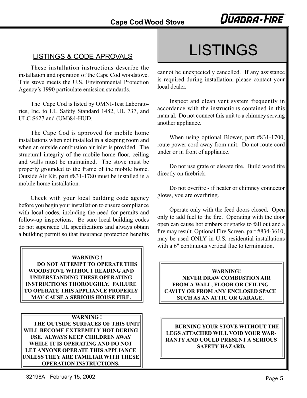 Quadra-Fire 32198A installation instructions Listings & Code Aprovals 