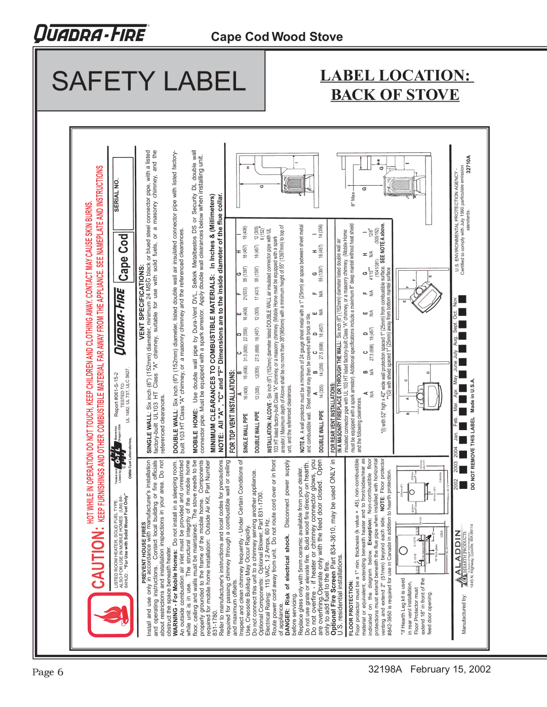 Quadra-Fire 32198A installation instructions Safety Label, Label Location Back of Stove 