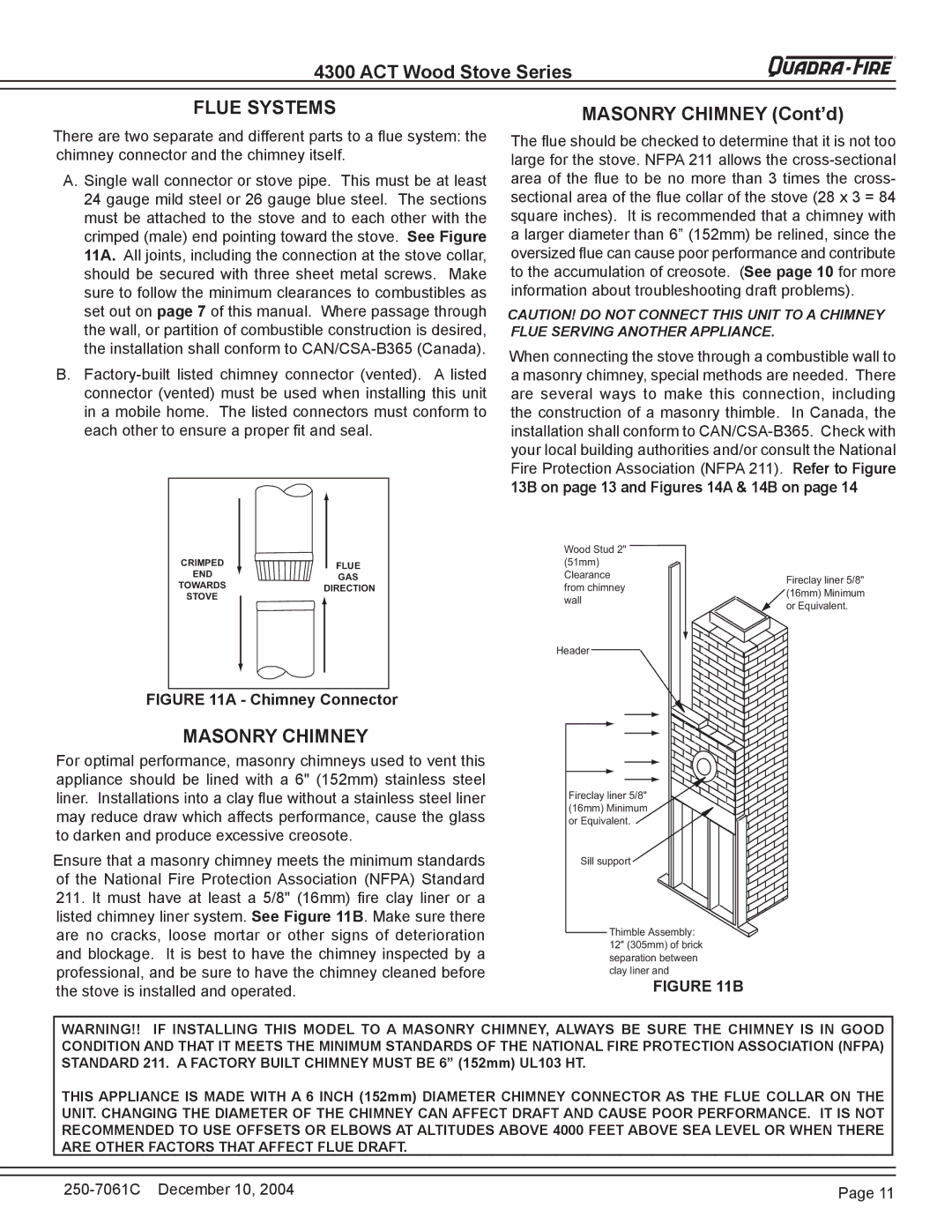 Quadra-Fire 4300 WOOD STOVE SERIES installation instructions Flue Systems, Masonry Chimney Cont’d 