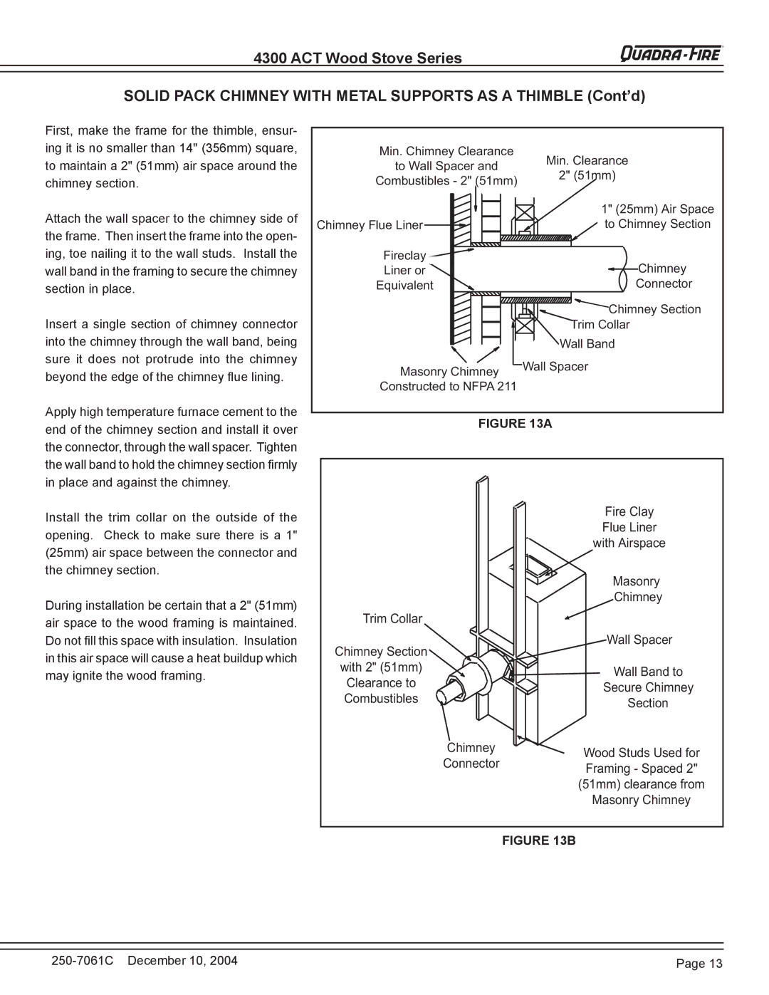 Quadra-Fire 4300 WOOD STOVE SERIES installation instructions Masonry 