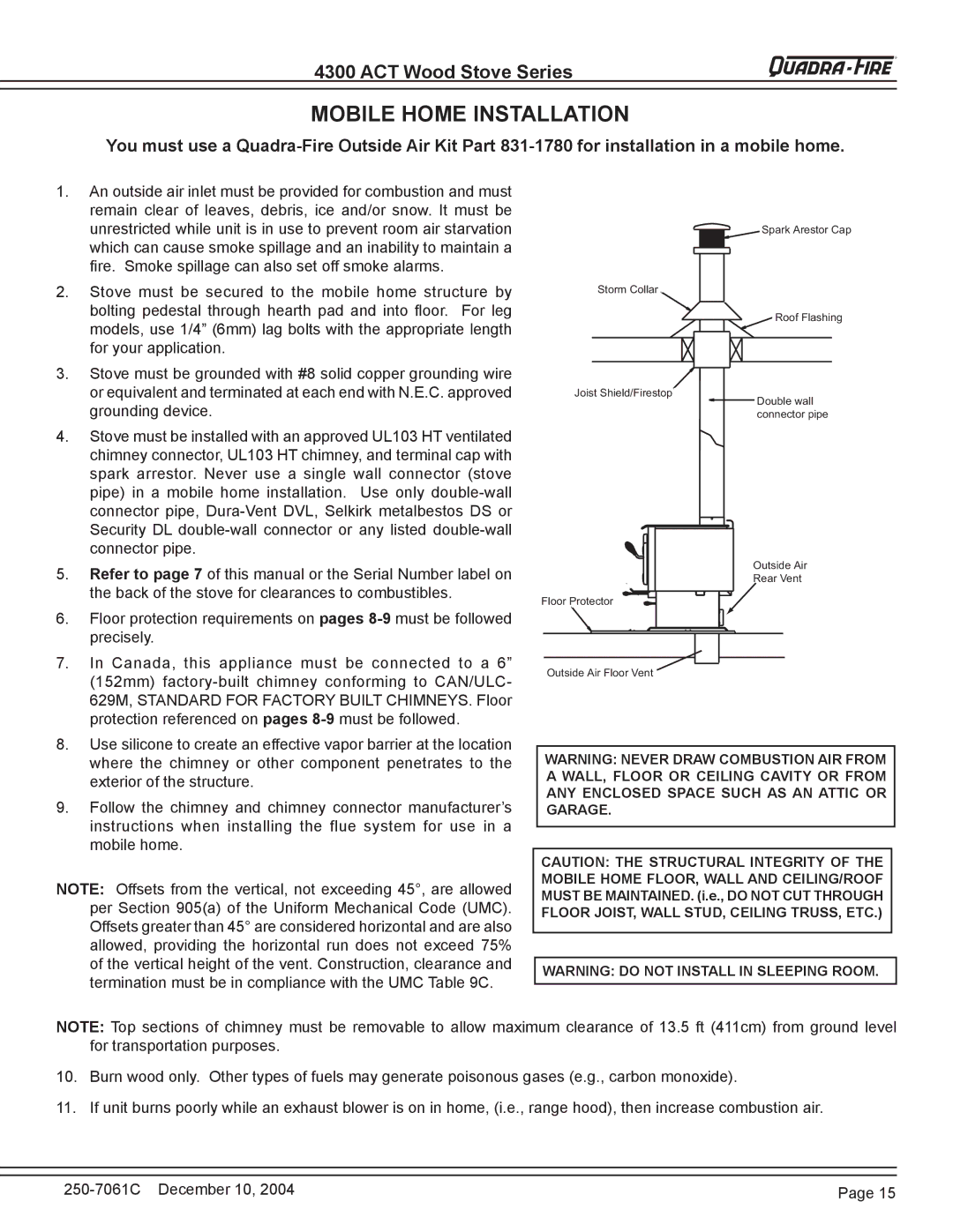 Quadra-Fire 4300 WOOD STOVE SERIES installation instructions Mobile Home Installation 