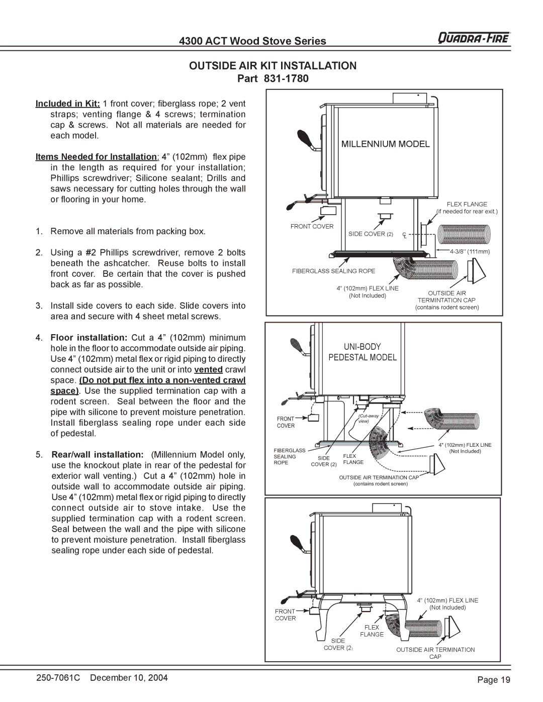 Quadra-Fire 4300 WOOD STOVE SERIES installation instructions Outside AIR KIT Installation, Part 