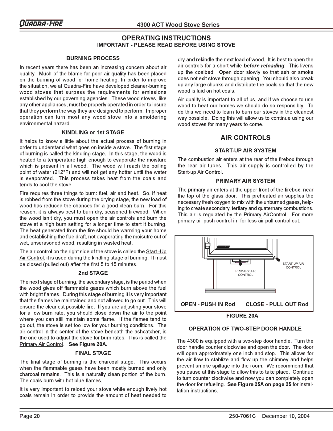 Quadra-Fire 4300 WOOD STOVE SERIES installation instructions Operating Instructions, AIR Controls 