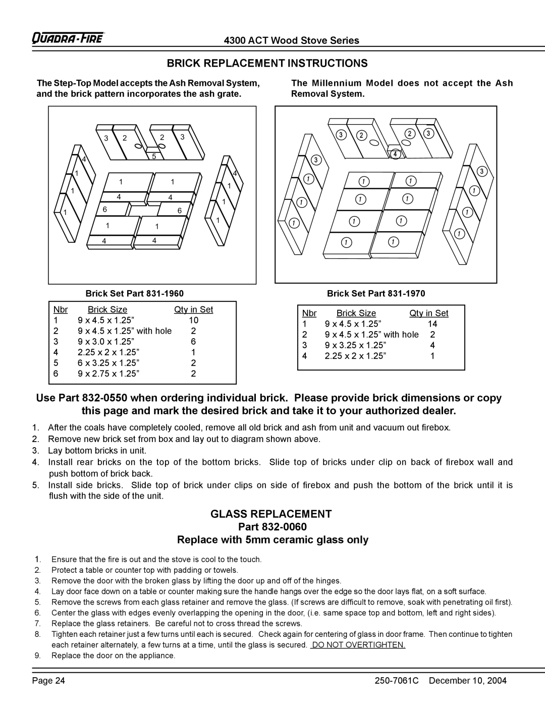 Quadra-Fire 4300 WOOD STOVE SERIES installation instructions Brick Replacement Instructions, Glass Replacement 