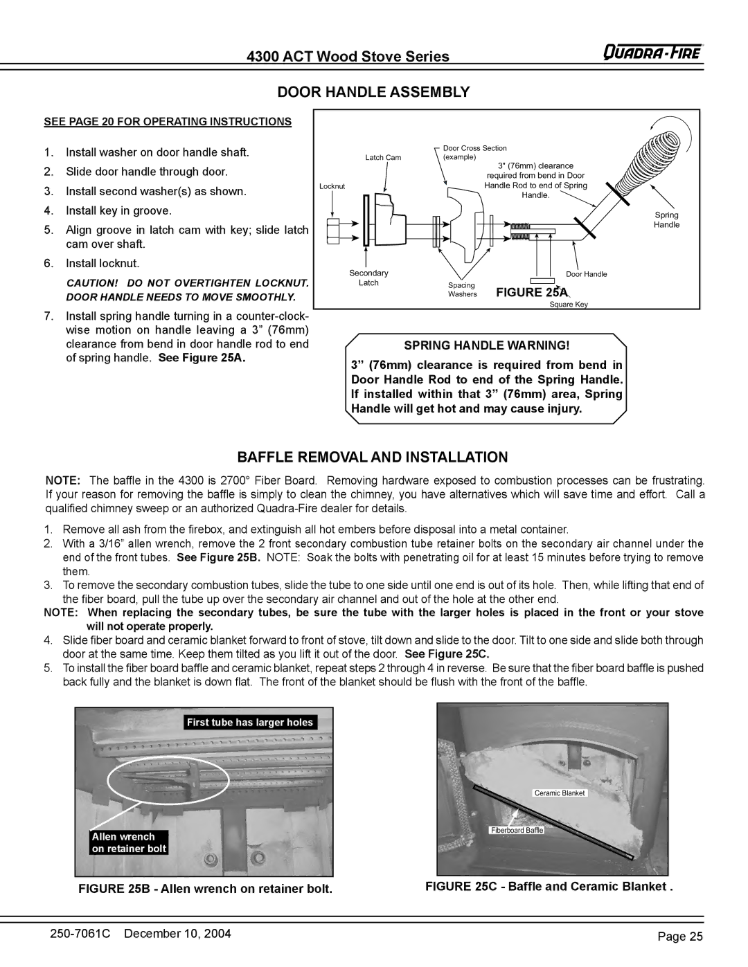 Quadra-Fire 4300 WOOD STOVE SERIES Door Handle Assembly, Baffle Removal and Installation, Spring Handle Warning 