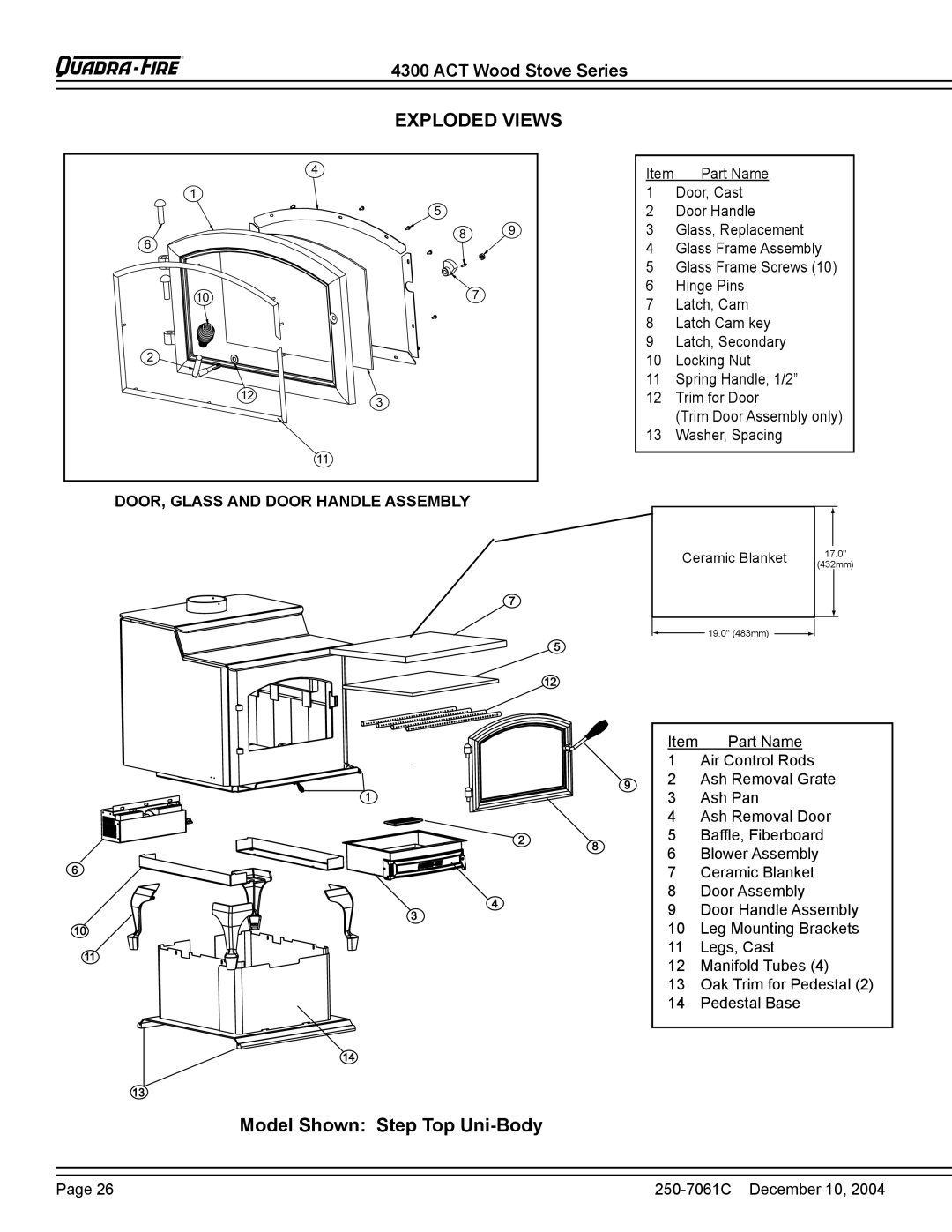 Quadra-Fire 4300 WOOD STOVE SERIES Exploded Views, Model Shown Step Top Uni-Body, DOOR, Glass and Door Handle Assembly 