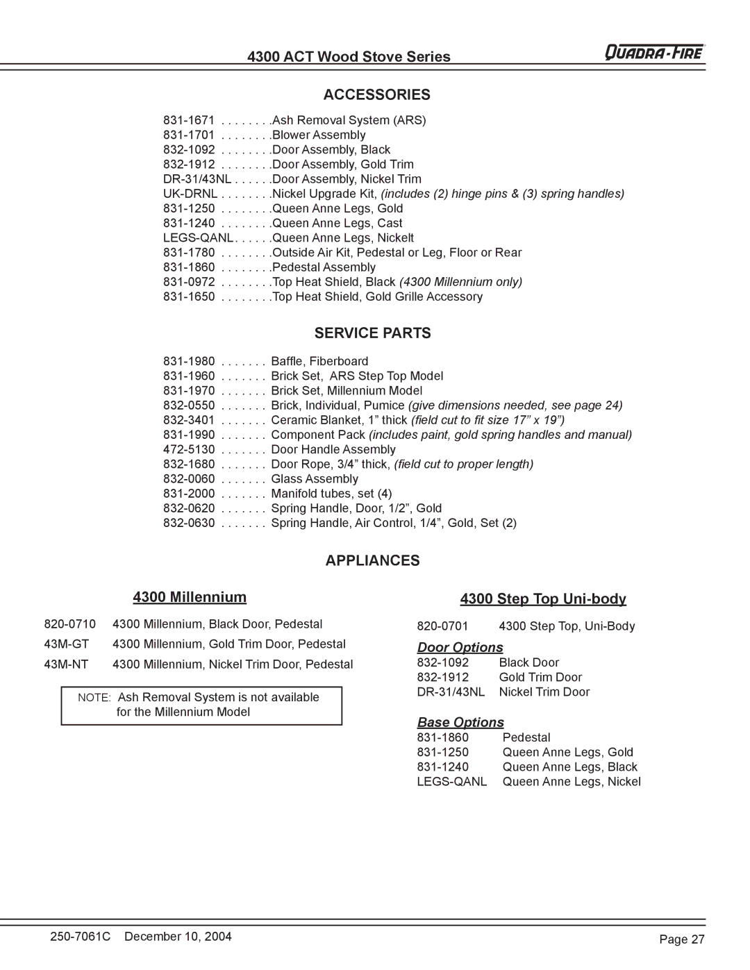 Quadra-Fire 4300 WOOD STOVE SERIES Accessories, Service Parts, Appliances, Millennium, Step Top Uni-body 