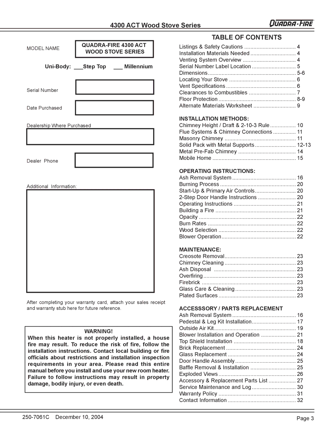 Quadra-Fire 4300 WOOD STOVE SERIES installation instructions Table of Contents 