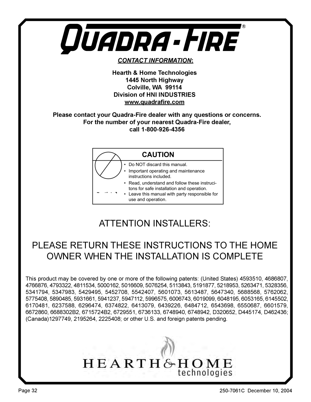 Quadra-Fire 4300 WOOD STOVE SERIES installation instructions Contact Information 