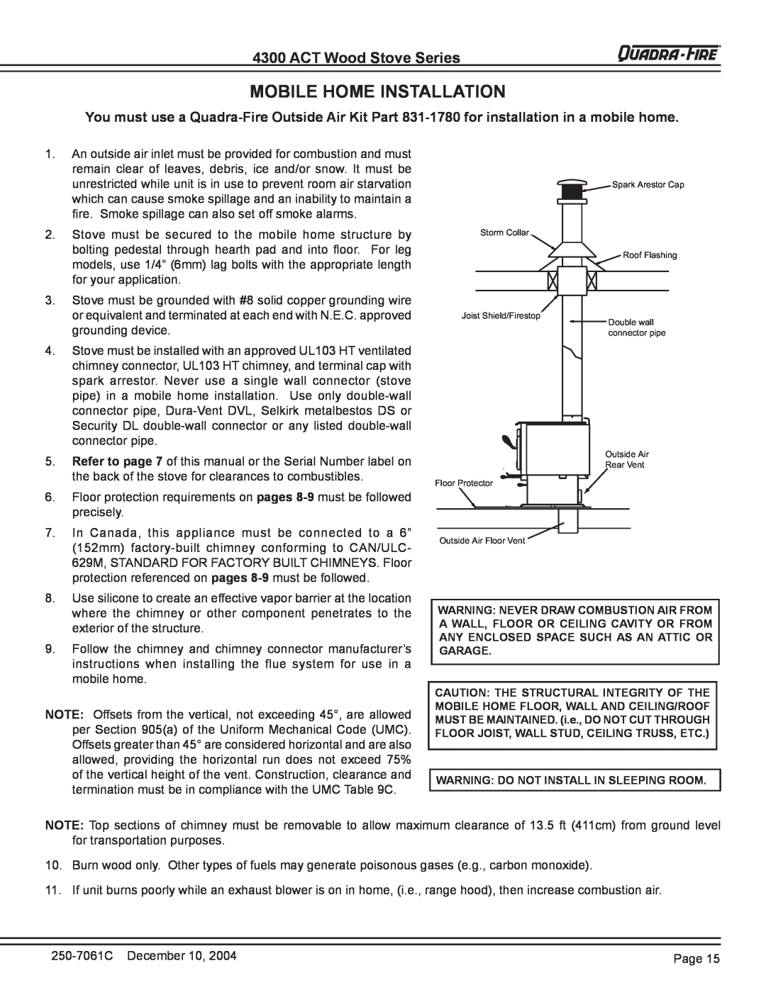Quadra-Fire 4300 WOOD STOVE SERIES installation instructions Mobile Home Installation, ACT Wood Stove Series 