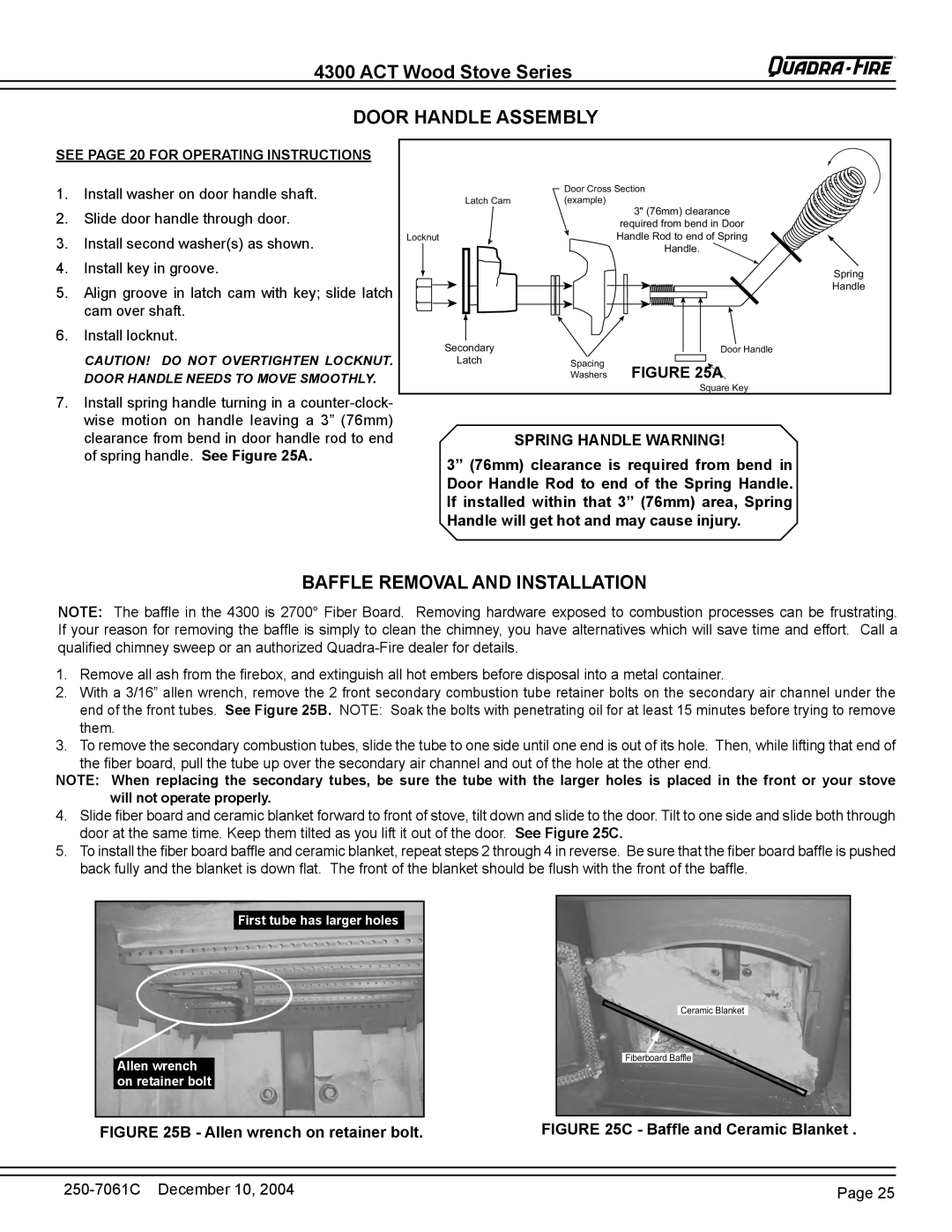 Quadra-Fire 4300 WOOD STOVE SERIES ACT Wood Stove Series DOOR HANDLE ASSEMBLY, Baffle Removal And Installation, Washers A 
