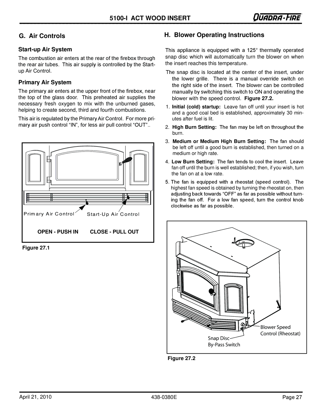 Quadra-Fire 5100I-GD-B, 5100I-NL-B Air Controls Blower Operating Instructions, Start-up Air System, Primary Air System 