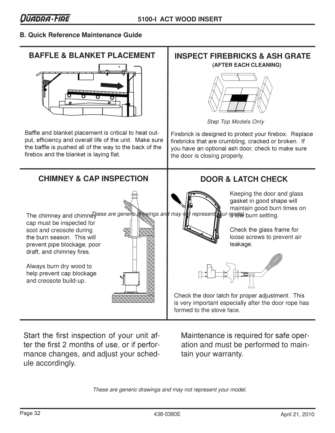 Quadra-Fire 5100I-NL-B, 5100I-GD-B warranty Baffle & Blanket Placement, Quick Reference Maintenance Guide 