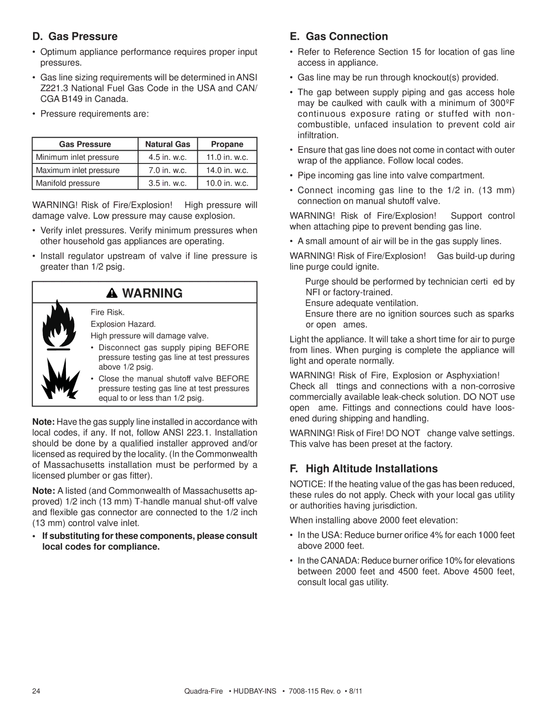 Quadra-Fire 7008-115 owner manual Gas Pressure, Gas Connection 