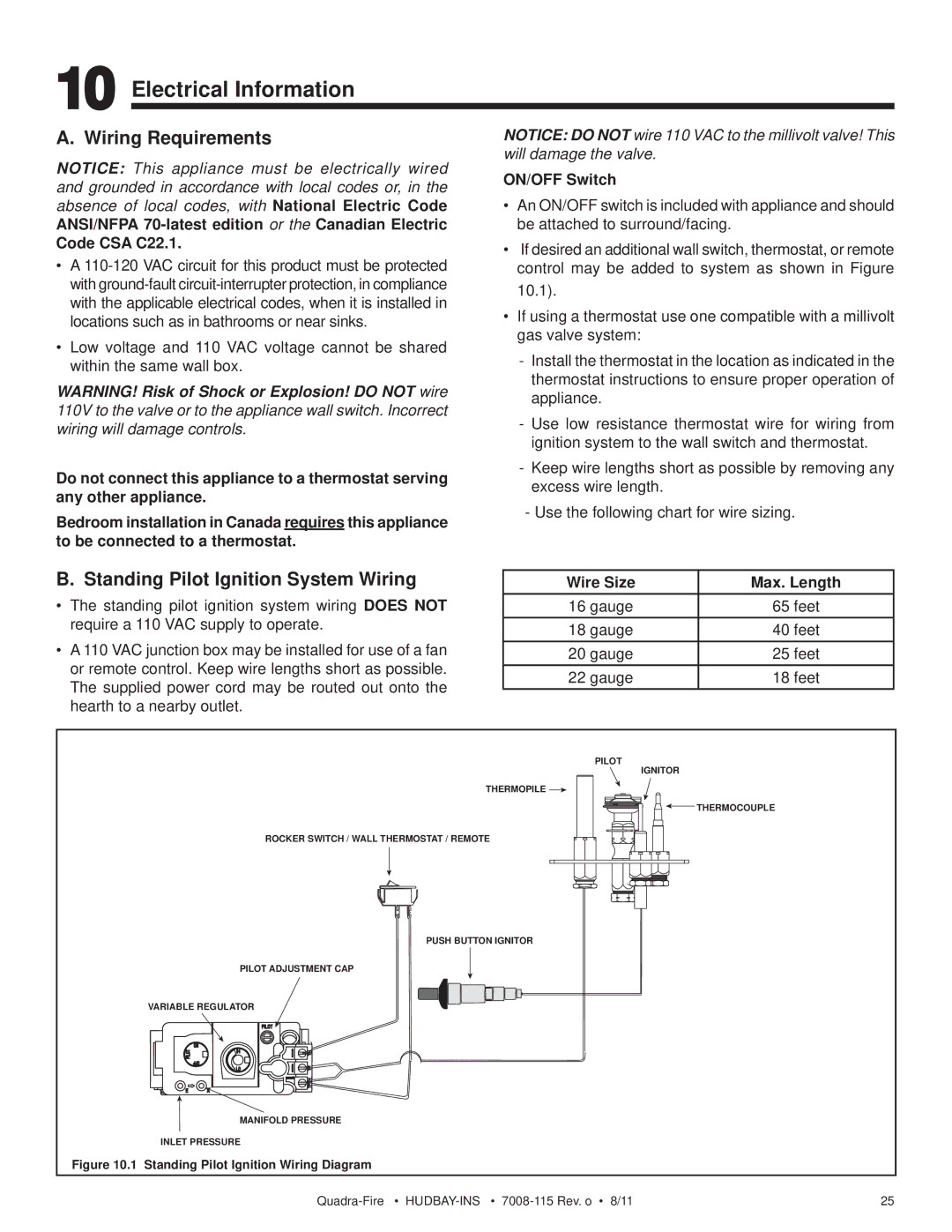 Quadra-Fire 7008-115 Electrical Information, Wiring Requirements, Standing Pilot Ignition System Wiring, Code CSA C22.1 