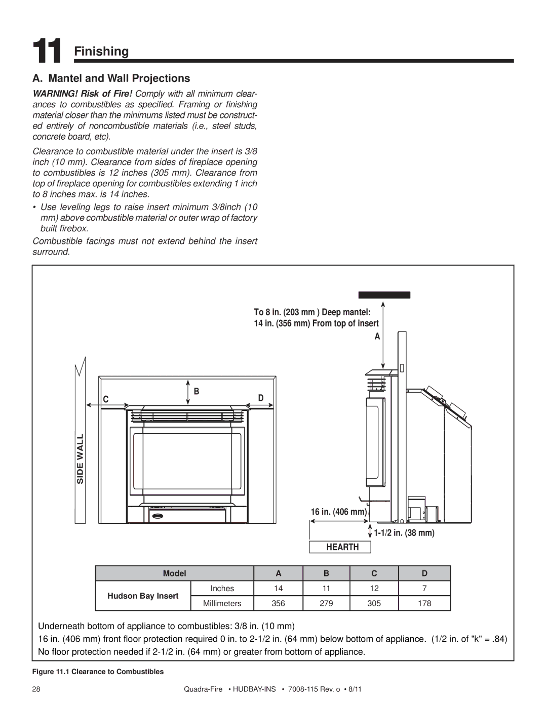 Quadra-Fire 7008-115 owner manual Finishing, Clearance to Combustibles 