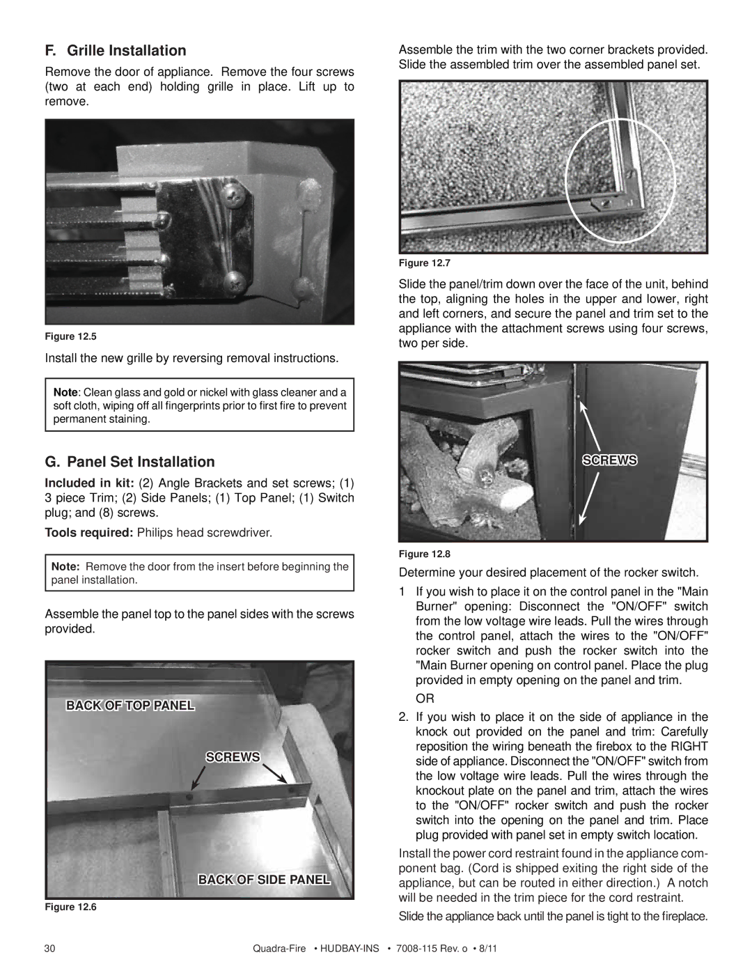 Quadra-Fire 7008-115 owner manual Grille Installation, Panel Set Installation, Tools required Philips head screwdriver 