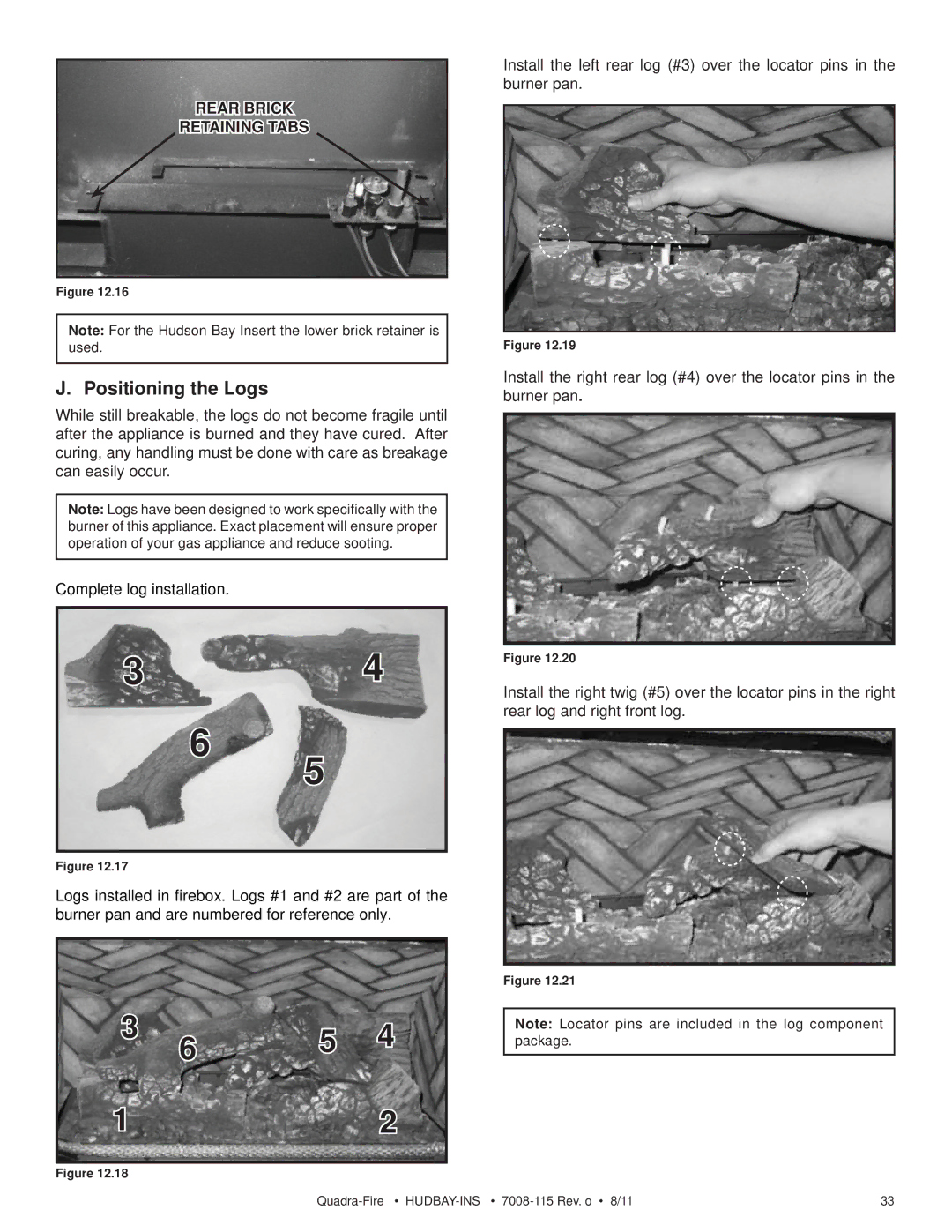 Quadra-Fire 7008-115 owner manual Positioning the Logs, Rear Brick Retaining Tabs 