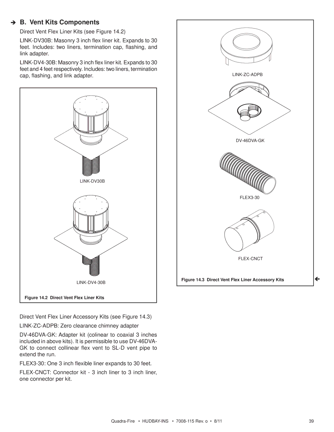 Quadra-Fire 7008-115 owner manual  B. Vent Kits Components, Direct Vent Flex Liner Kits 