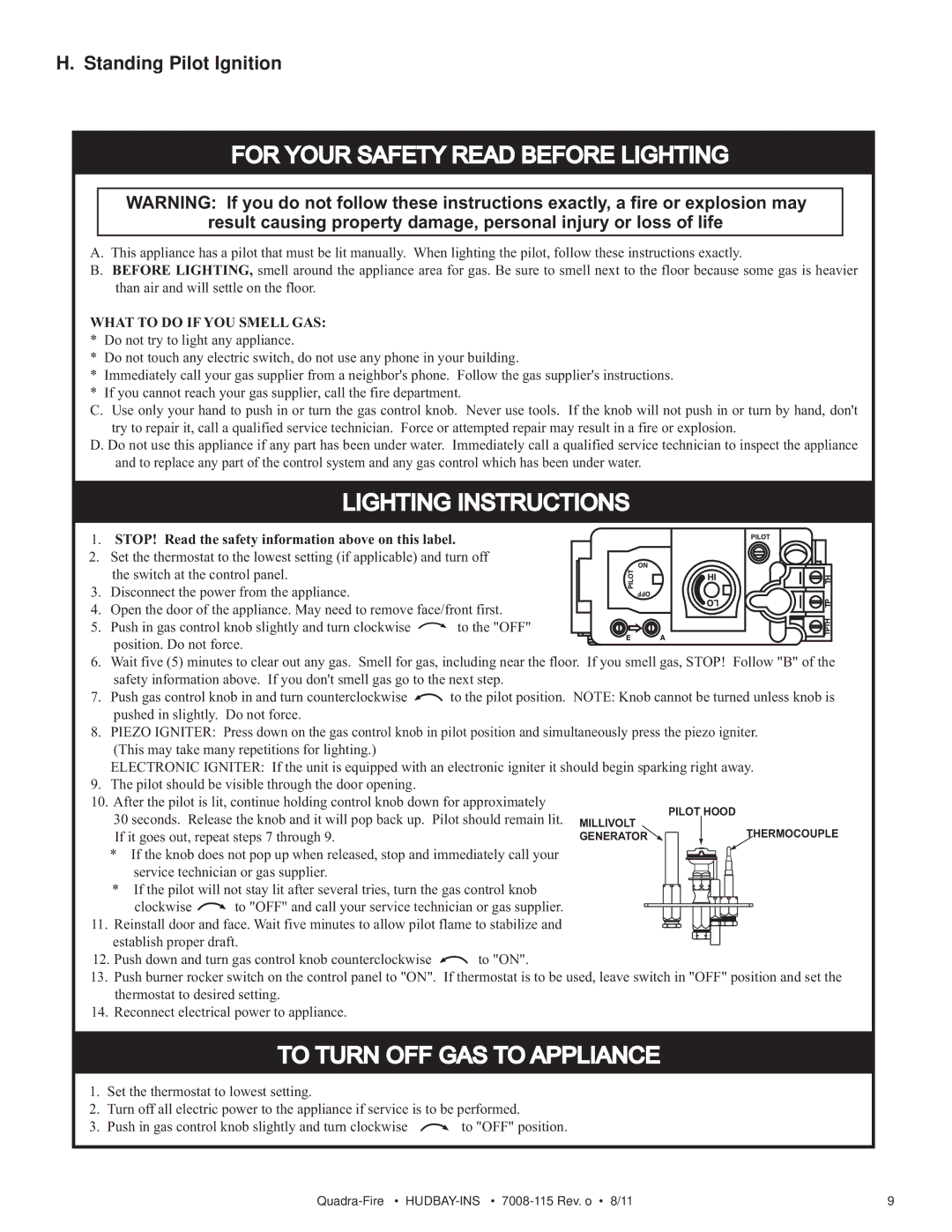 Quadra-Fire 7008-115 owner manual For Your Safety Read Before Lighting, Standing Pilot Ignition 