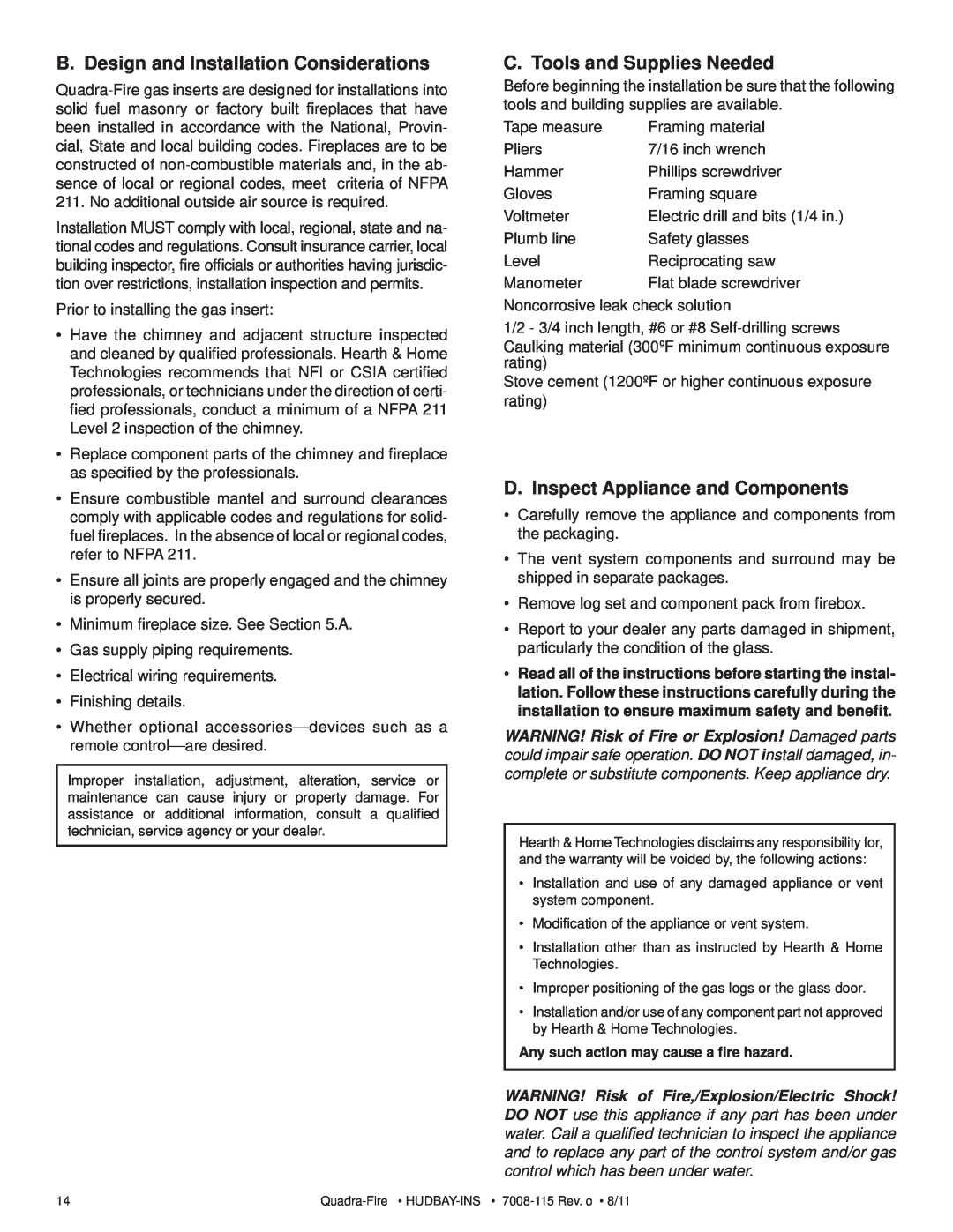 Quadra-Fire 7008-115 owner manual B. Design and Installation Considerations, C. Tools and Supplies Needed 