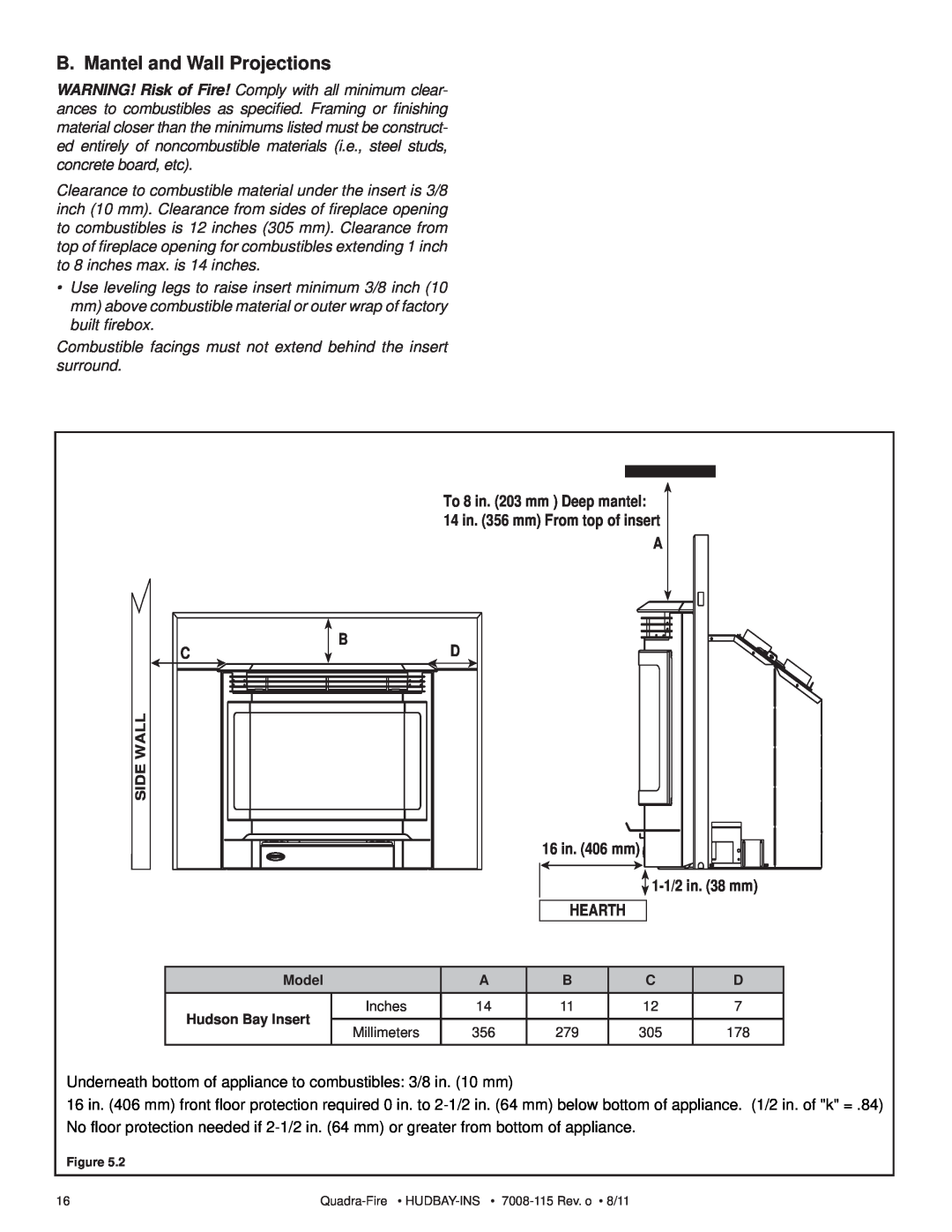 Quadra-Fire 7008-115 owner manual B. Mantel and Wall Projections, Side Wall, 16 in. 406 mm, 1-1/2in. 38 mm, Hearth 