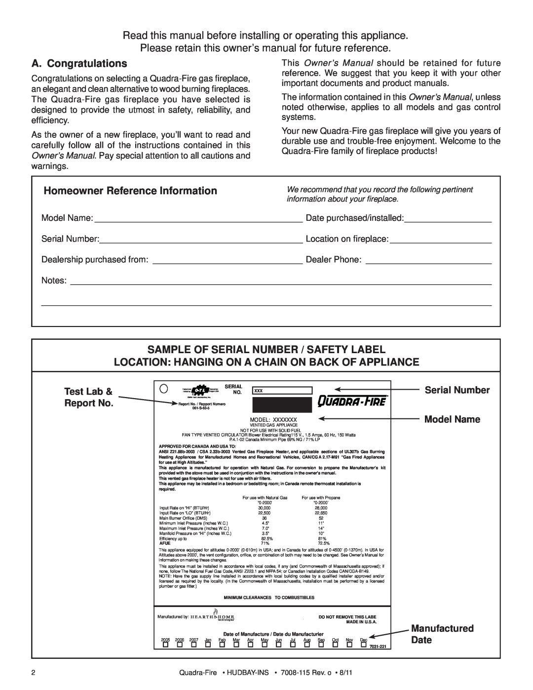 Quadra-Fire 7008-115 A. Congratulations, Homeowner Reference Information, Sample Of Serial Number / Safety Label 