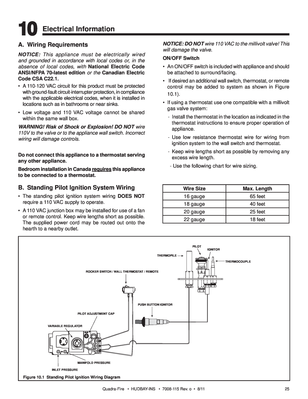 Quadra-Fire 7008-115 Electrical Information, A. Wiring Requirements, B. Standing Pilot Ignition System Wiring, Wire Size 