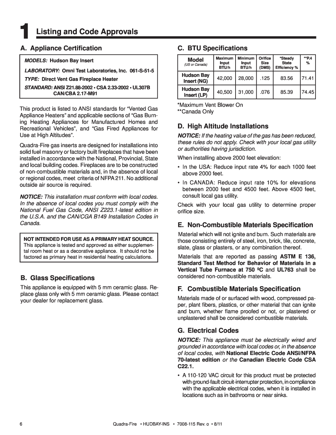 Quadra-Fire 7008-115 Listing and Code Approvals, A. Appliance Certiﬁcation, B. Glass Speciﬁcations, C. BTU Speciﬁcations 