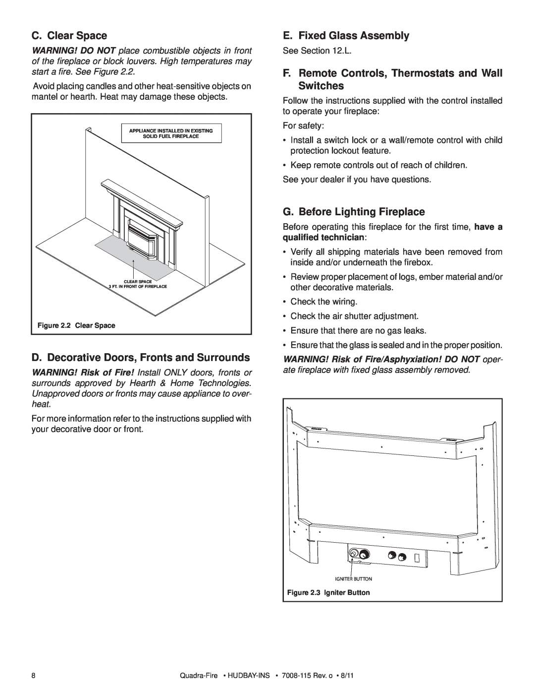 Quadra-Fire 7008-115 owner manual C. Clear Space, D. Decorative Doors, Fronts and Surrounds, E. Fixed Glass Assembly 