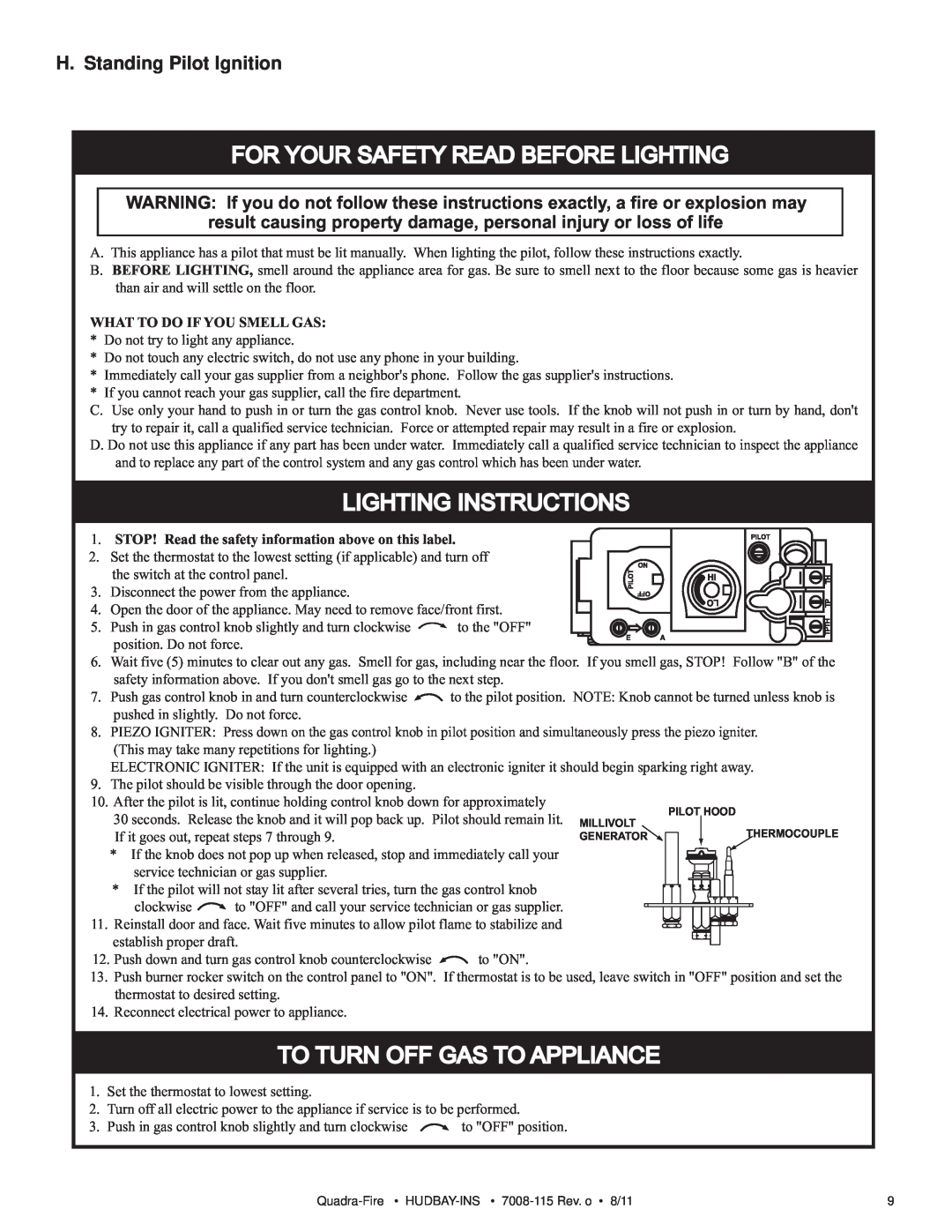 Quadra-Fire 7008-115 owner manual H. Standing Pilot Ignition, For Your Safety Read Before Lighting, Lighting Instructions 