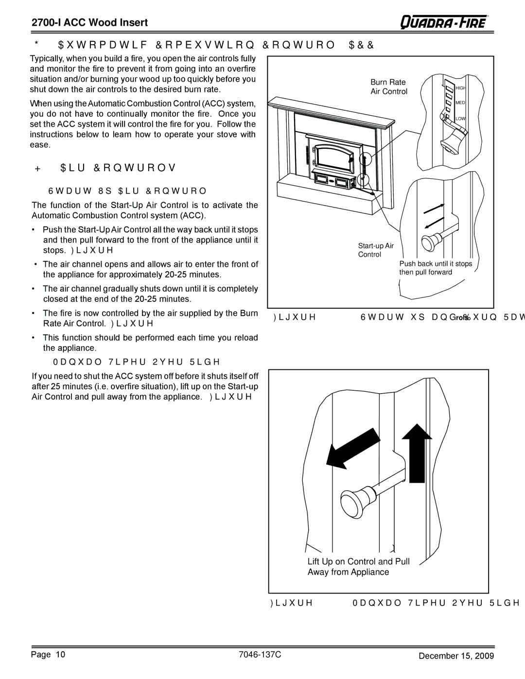 Quadra-Fire 7046-137C warranty ACC Wood Insert Automatic Combustion Control ACC, Air Controls, Start-Up Air Control 