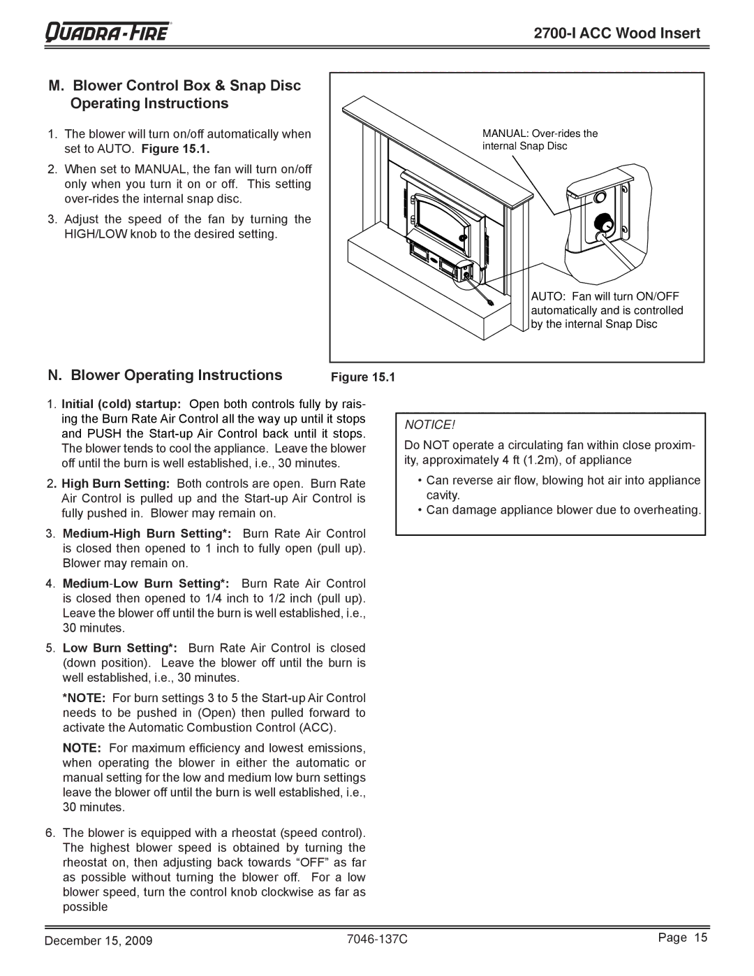 Quadra-Fire 7046-137C warranty Blower Operating Instructions 