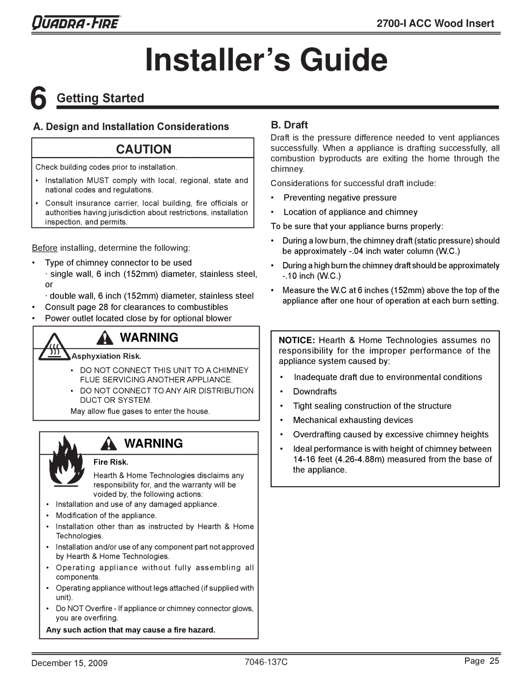 Quadra-Fire 7046-137C warranty Getting Started, Design and Installation Considerations, Draft 