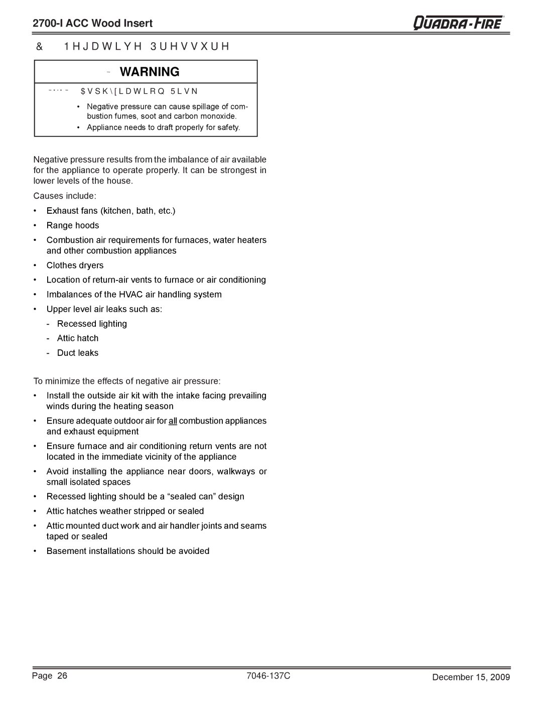 Quadra-Fire 7046-137C warranty ACC Wood Insert Negative Pressure 