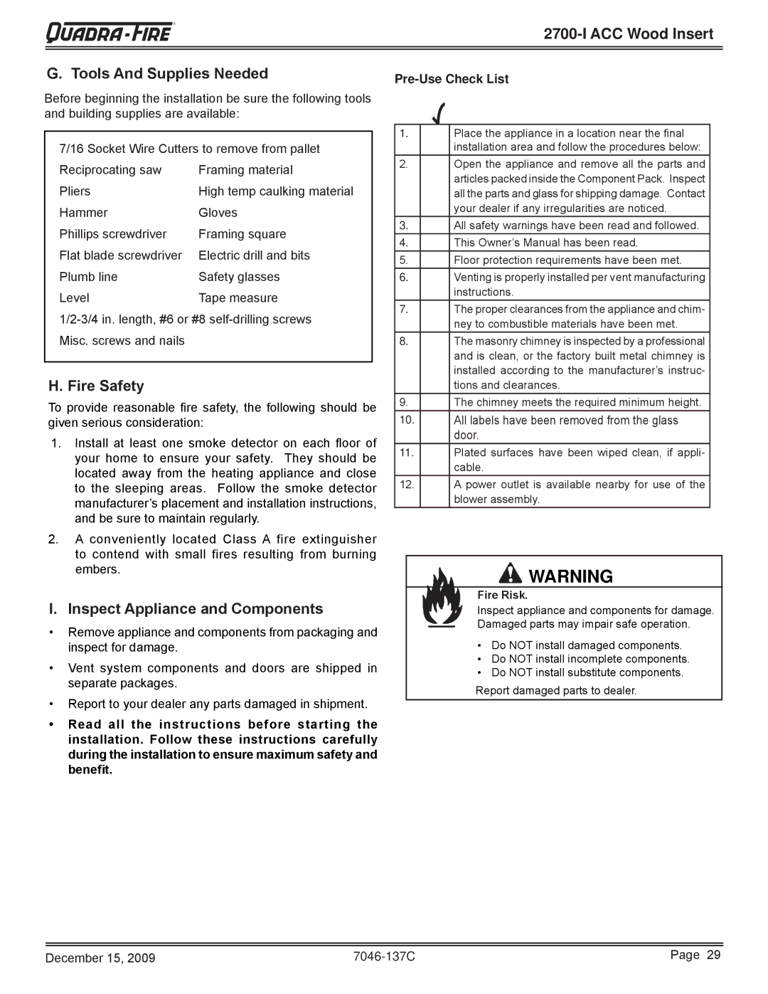 Quadra-Fire 7046-137C ACC Wood Insert Tools And Supplies Needed, Inspect Appliance and Components, Pre-Use Check List 