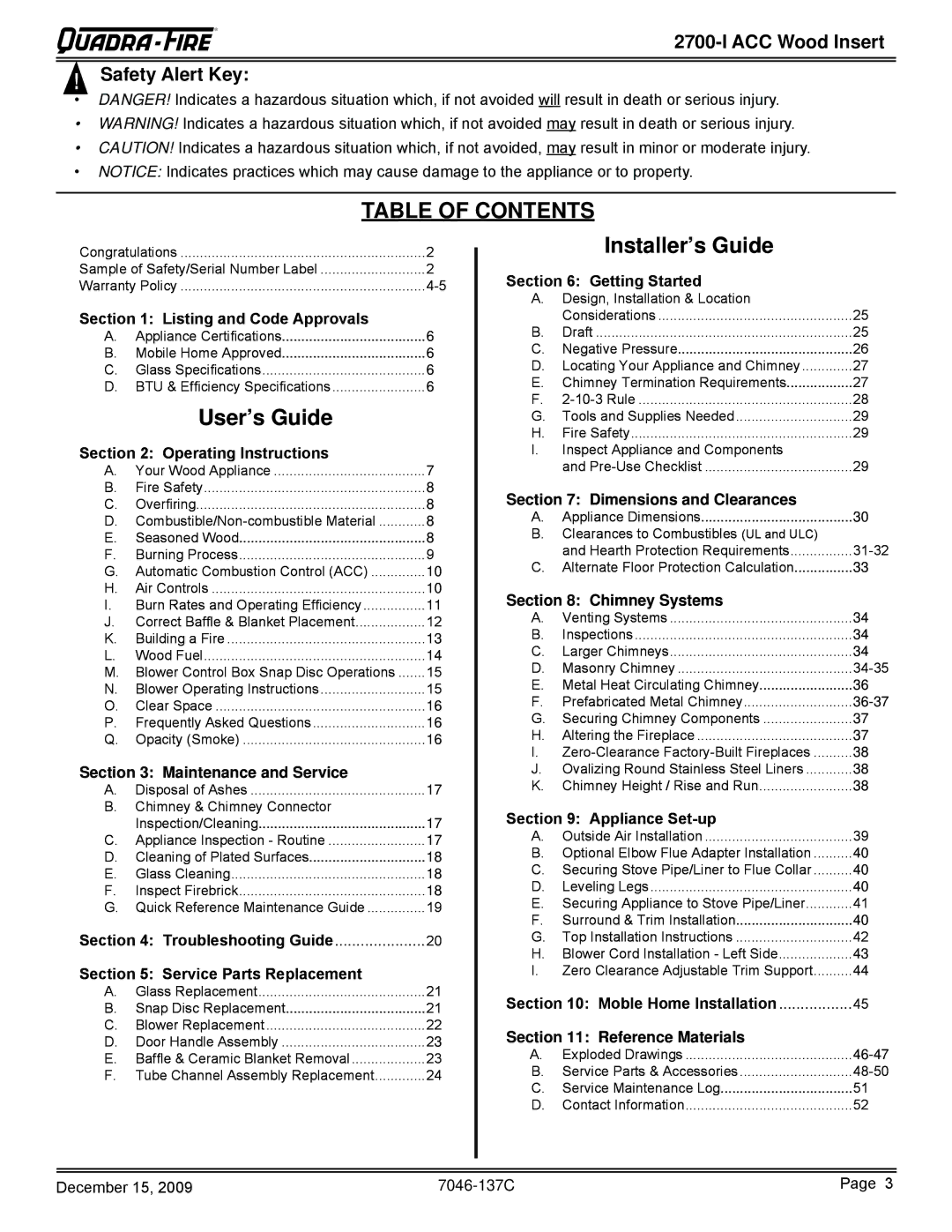 Quadra-Fire 7046-137C warranty Table of Contents 