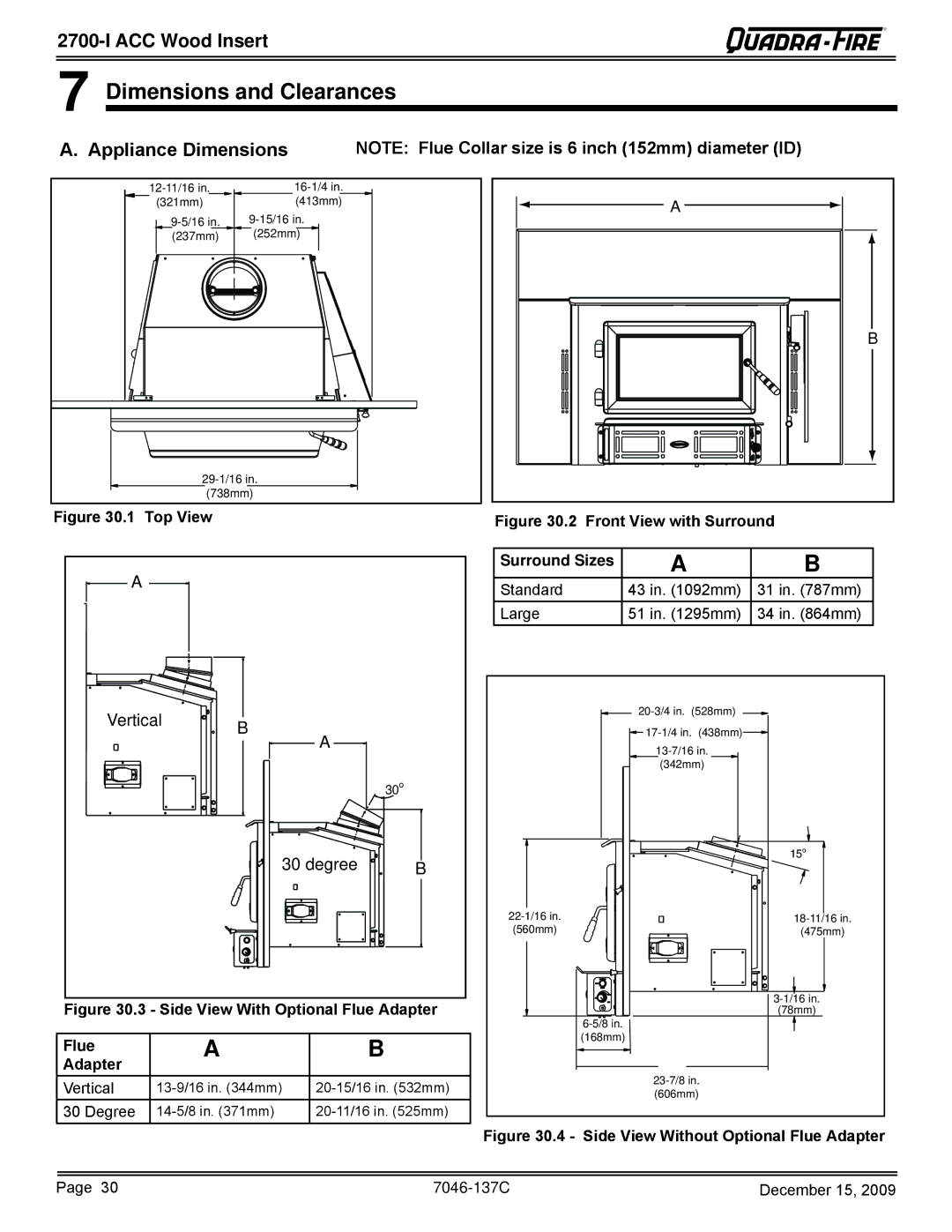 Quadra-Fire 7046-137C warranty Dimensions and Clearances, Appliance Dimensions 