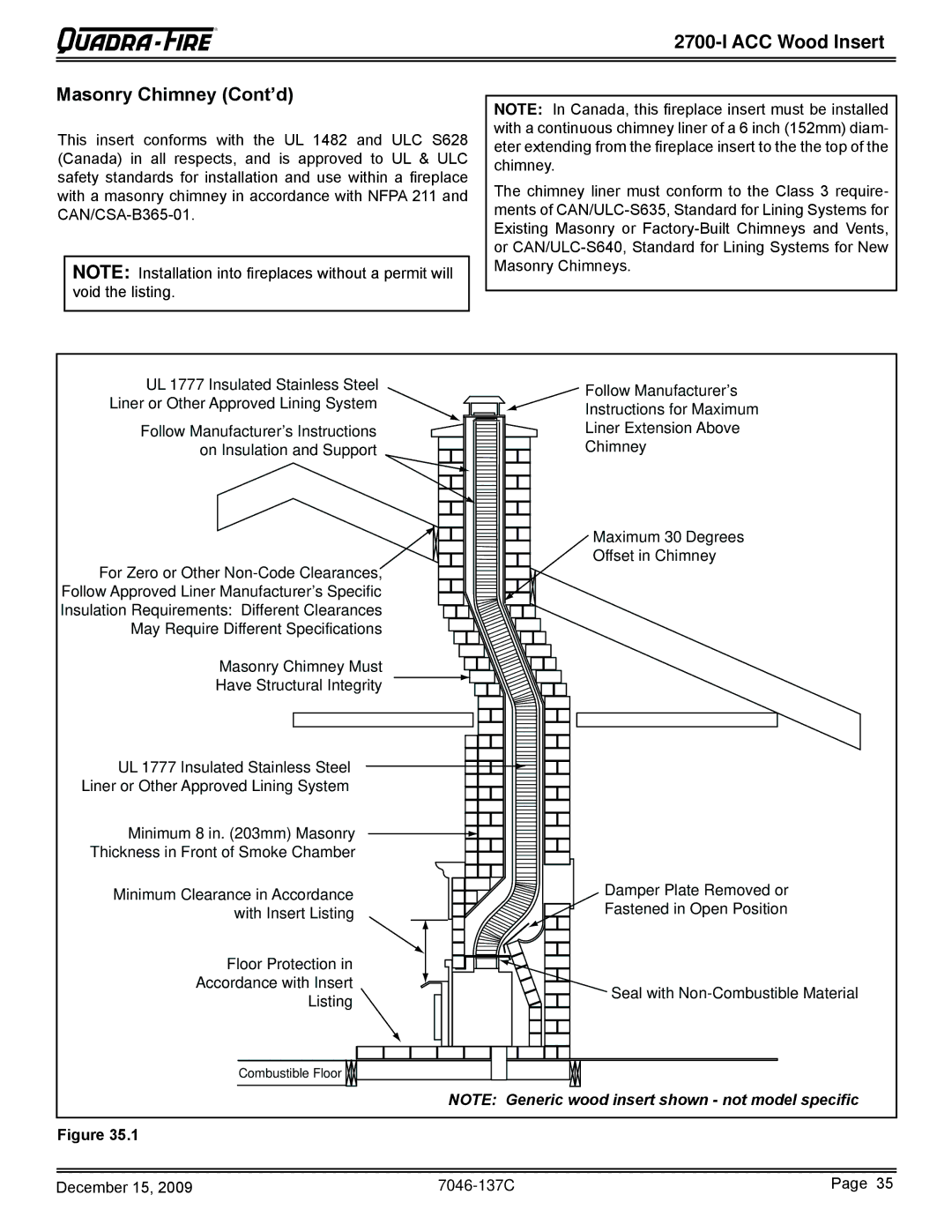 Quadra-Fire 7046-137C warranty ACC Wood Insert Masonry Chimney Cont’d 